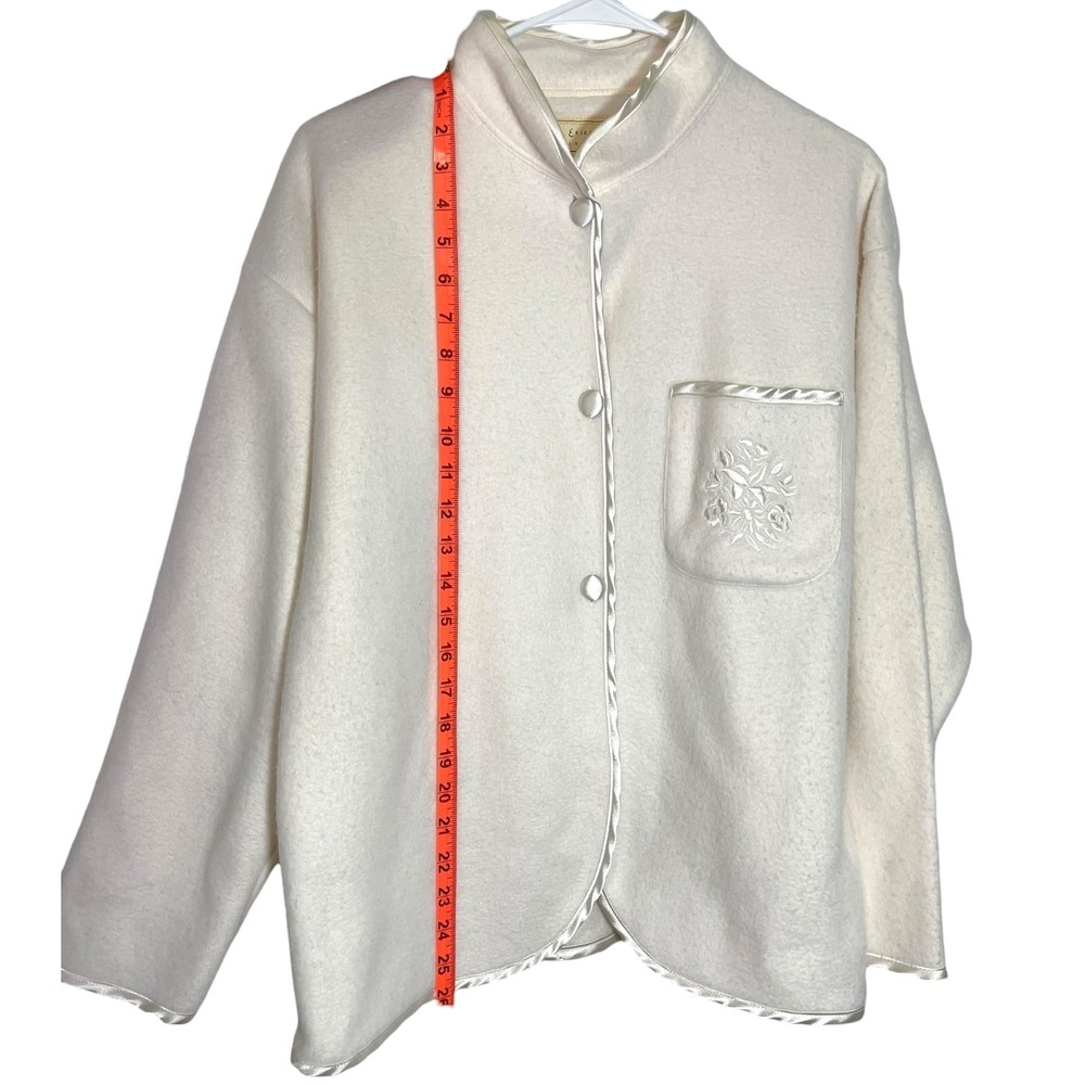 Erika Taylor Intimates S Cream Fleece Bed Jacket Satin Trim Floral Coquette Cozy - Picture 3 of 8